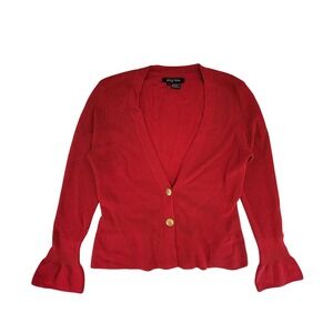 ETCETERA Red Ribbed Merino Wool Cardigan Sweater Flare Sleeve Button Front M